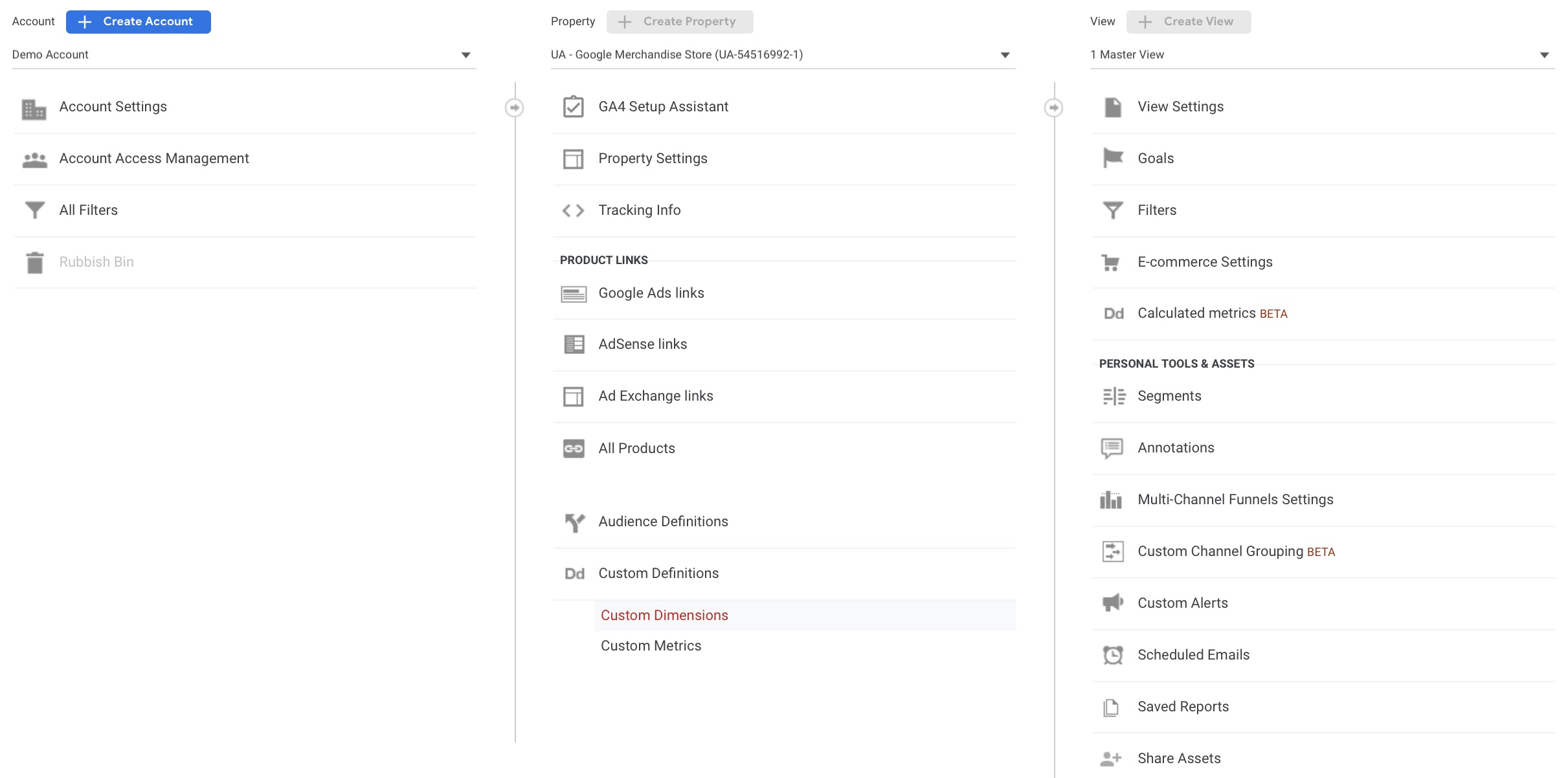 Guide how you navigate to the custom definitions view in Universal Analytics